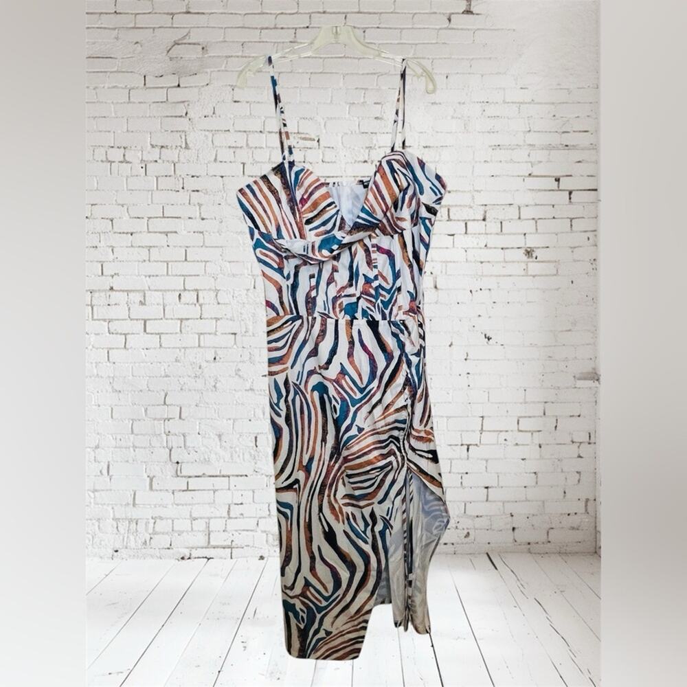 PrettyLittleThing Zebra Print Dress Sz 12 Teal Brown Drape Front Cocktail Party